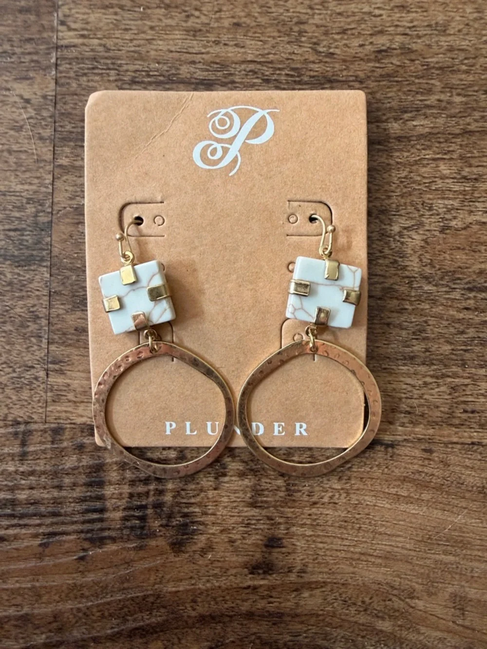 Plunder Gold Hammered Hoop Earrings with White Marble Squares